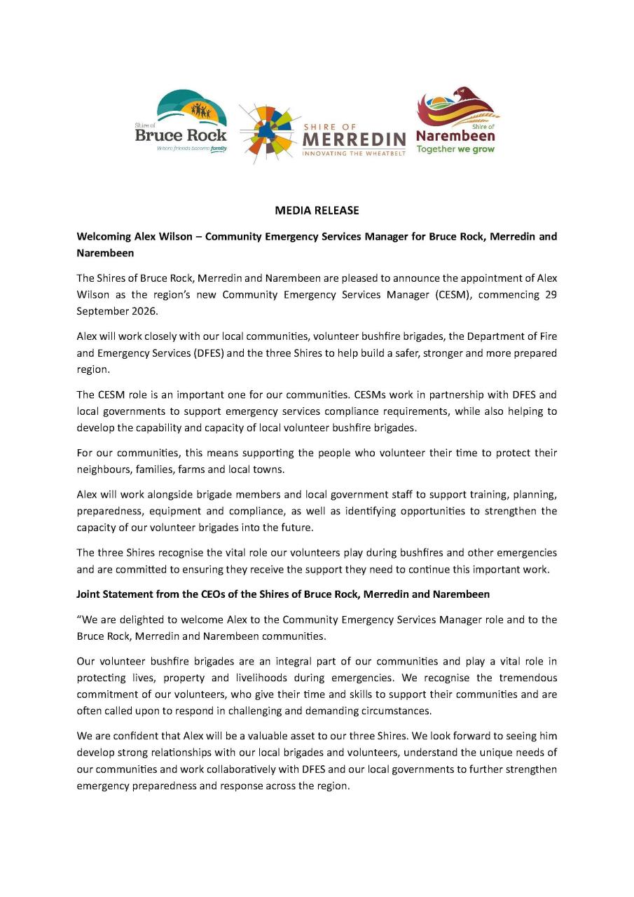 CESM Appointed to the Shires of Bruce Rock, Merredin and Narembeen