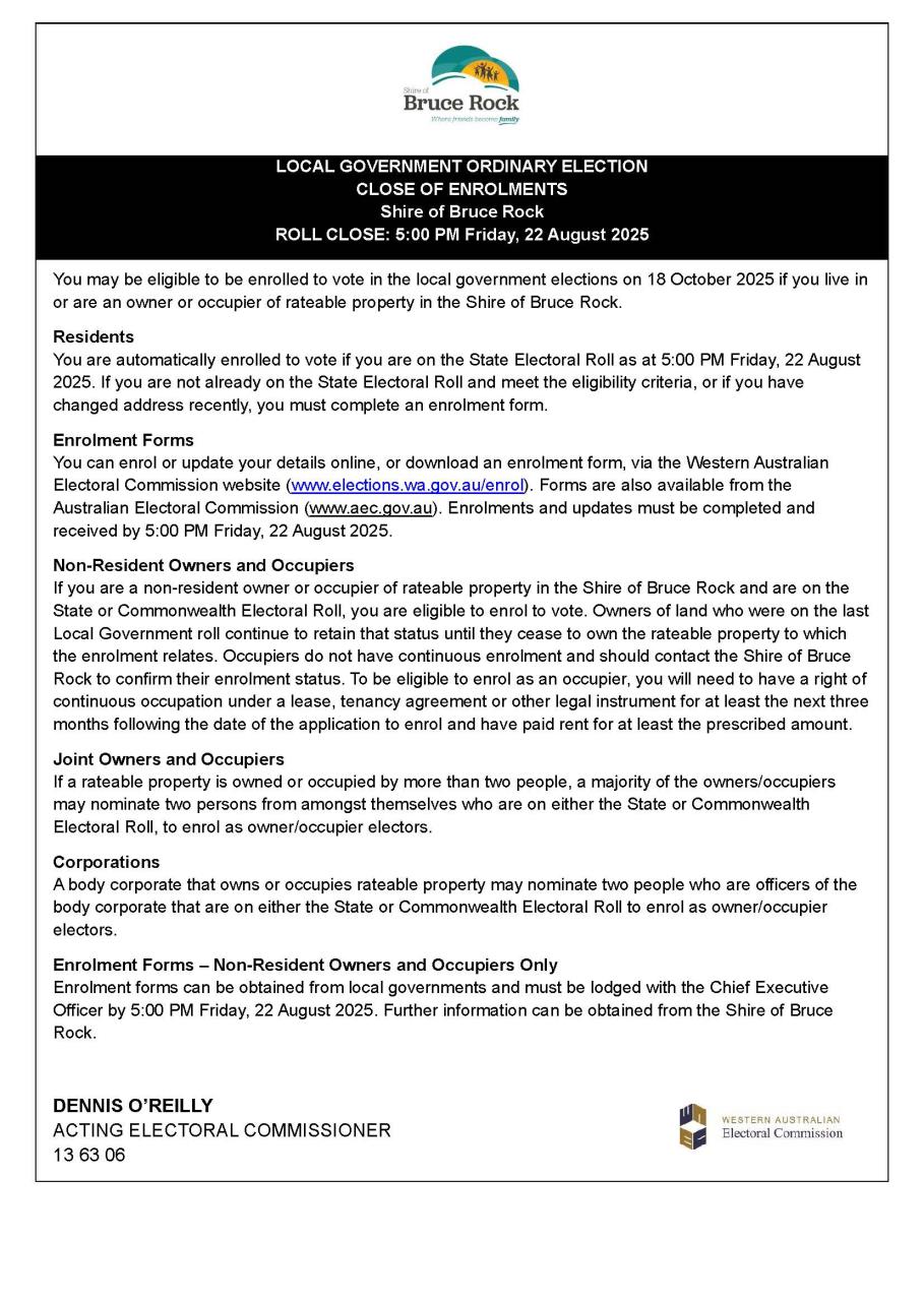 Shire of Bruce Rock - Close of Enrolments Notice