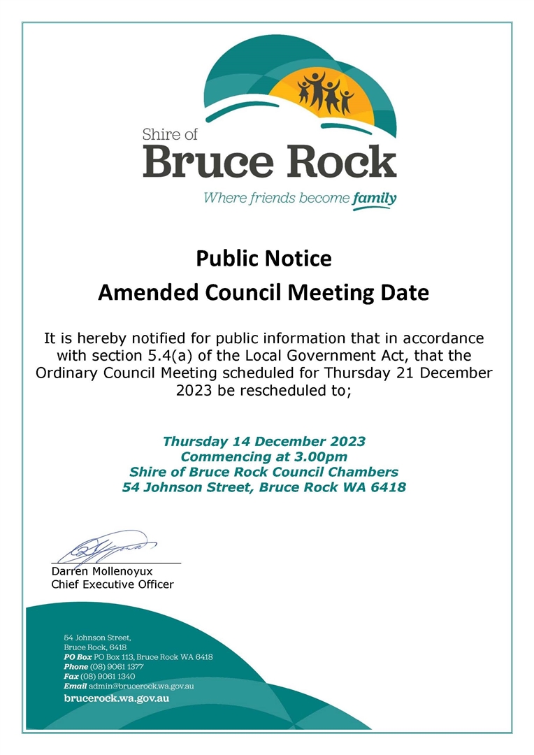 Notice of Amended Council Meeting Date Dec 2023