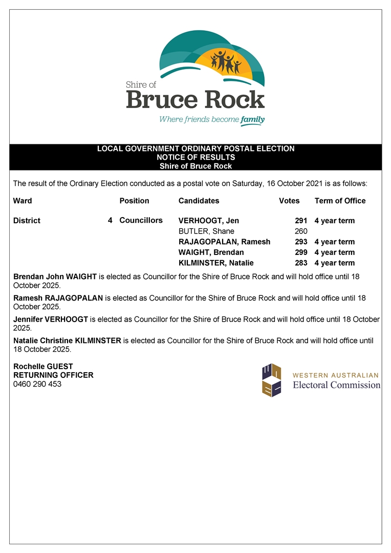Shire of Bruce Rock Election Results Noticeboard ORDINARY