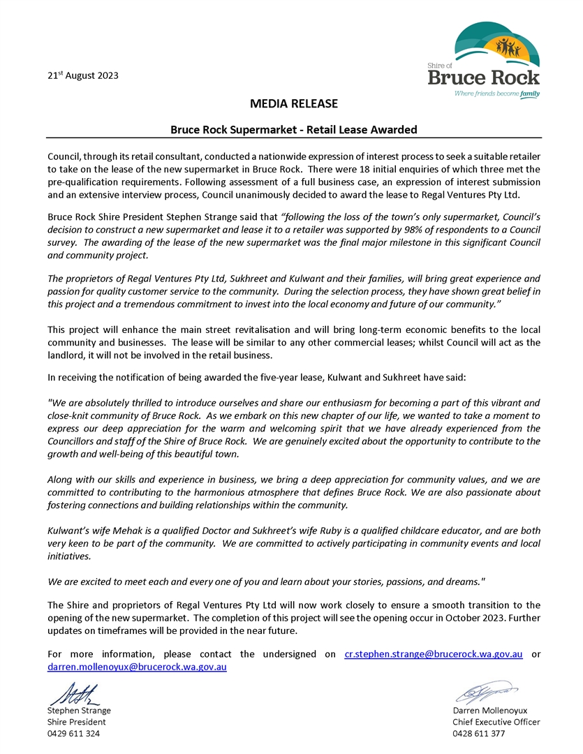 Bruce Rock Supermarket Retail Lease Awarded 22 August 2023