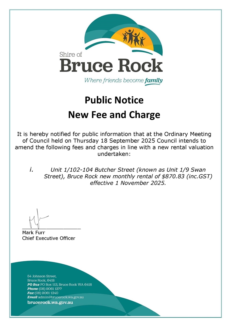 New Fee and Charge Unit 1 9 Swan Street Bruce Rock